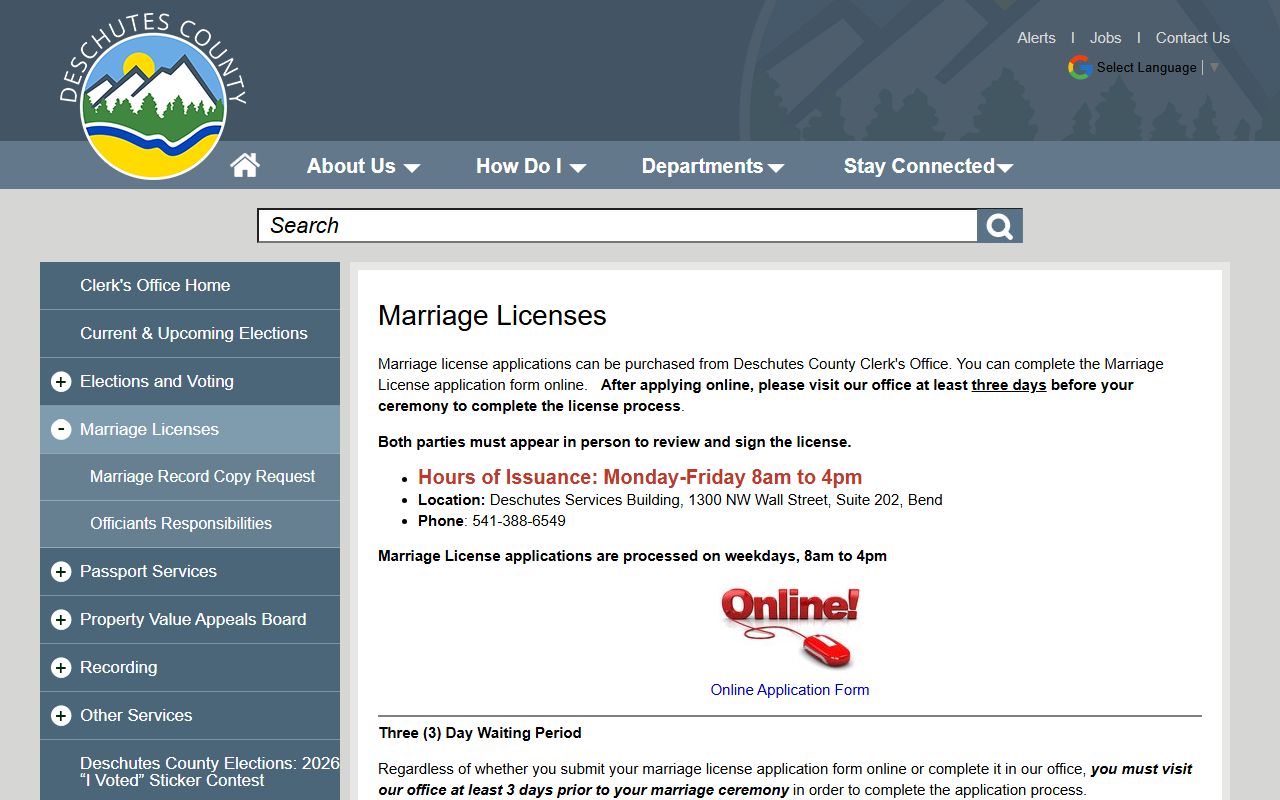 Deschutes County Clerk Bend marriage records license application