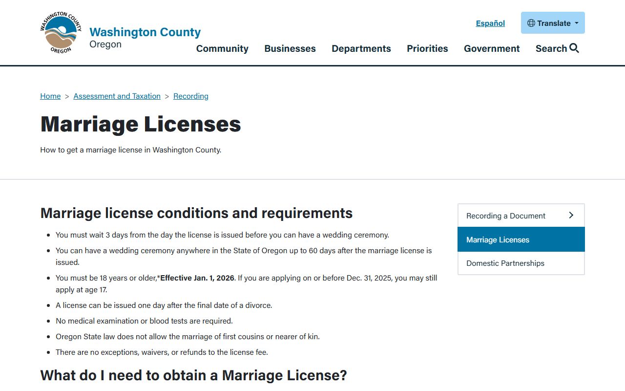 Hillsboro marriage licenses Washington County marriage records application