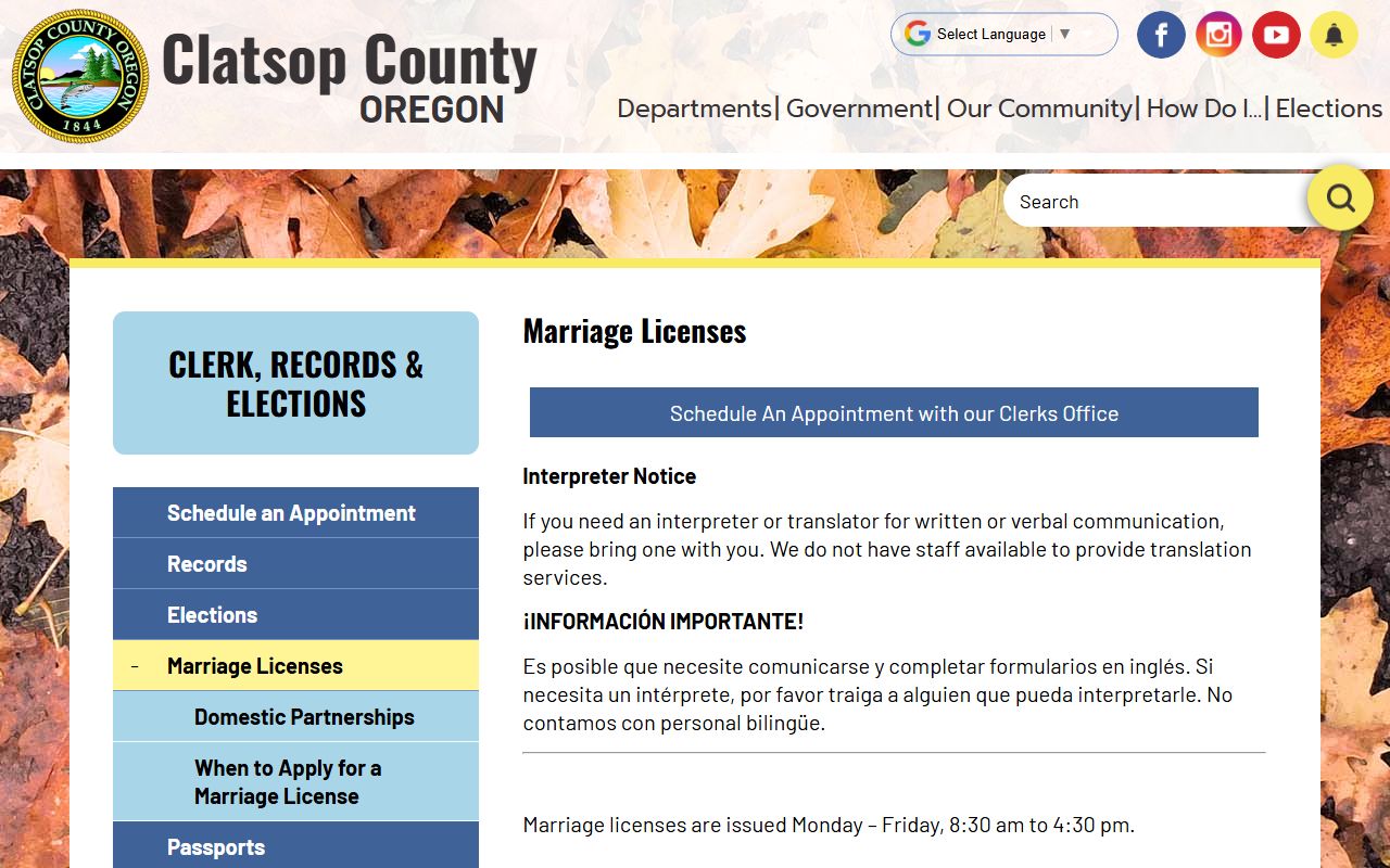 Clatsop County Clerk office marriage records in Astoria