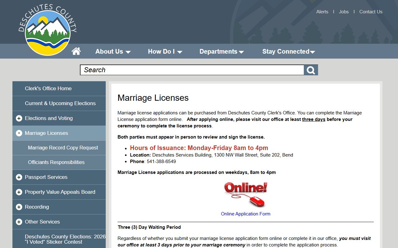 Deschutes County Clerk marriage records and license application page