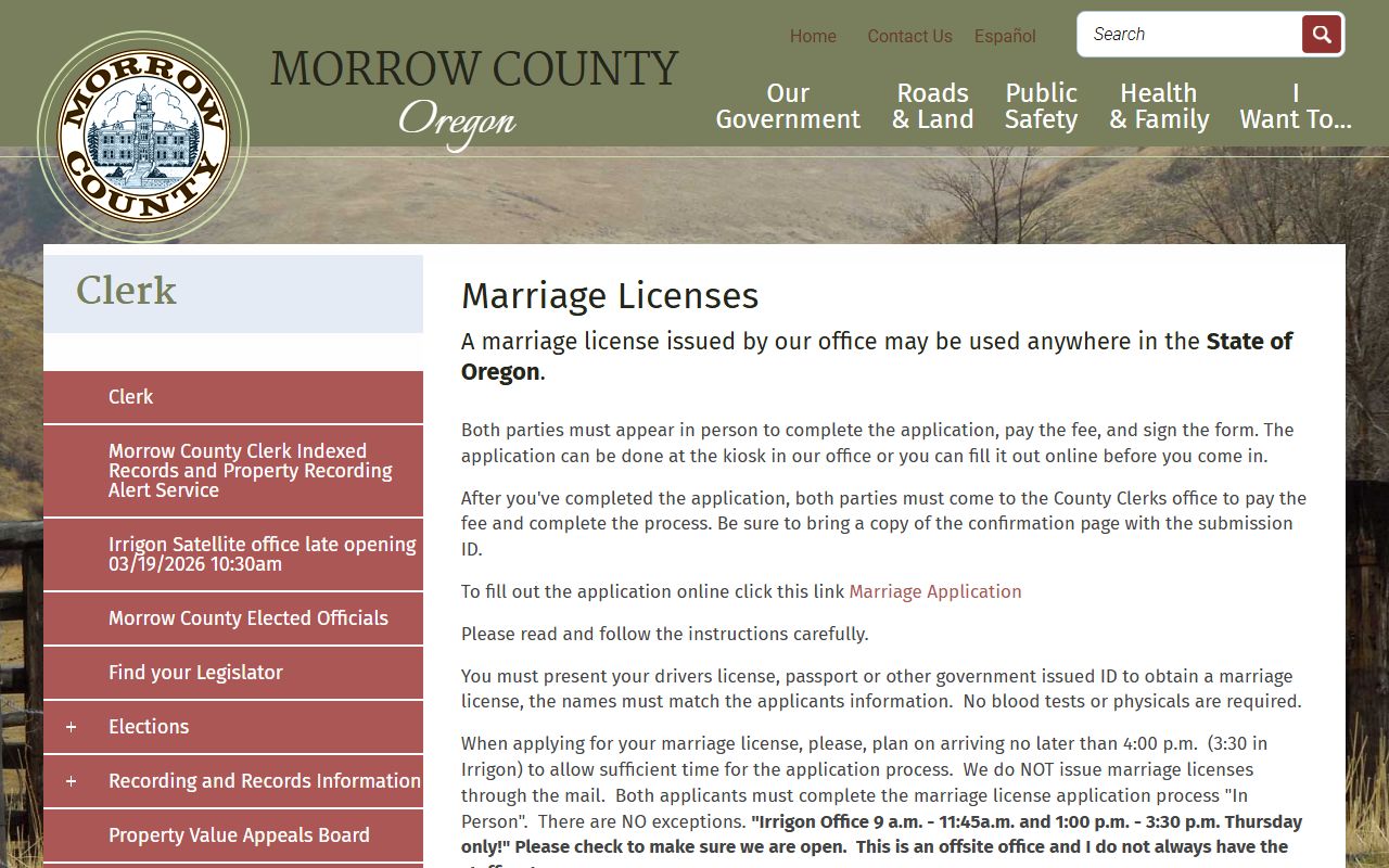 Morrow County Clerk marriage license application page